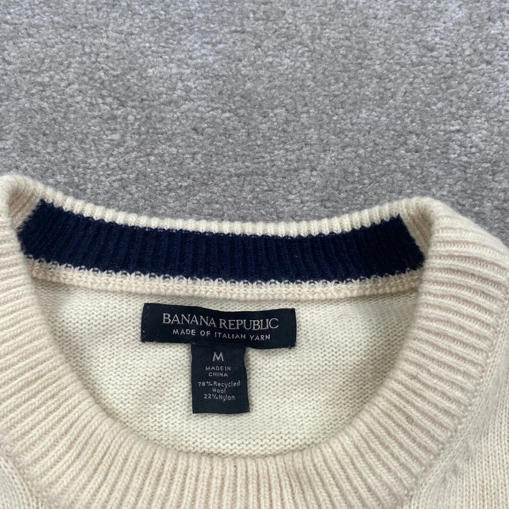 Banana Republic Striped Sweater Mens Medium Cream Wool Blend Italian Yarn Crew